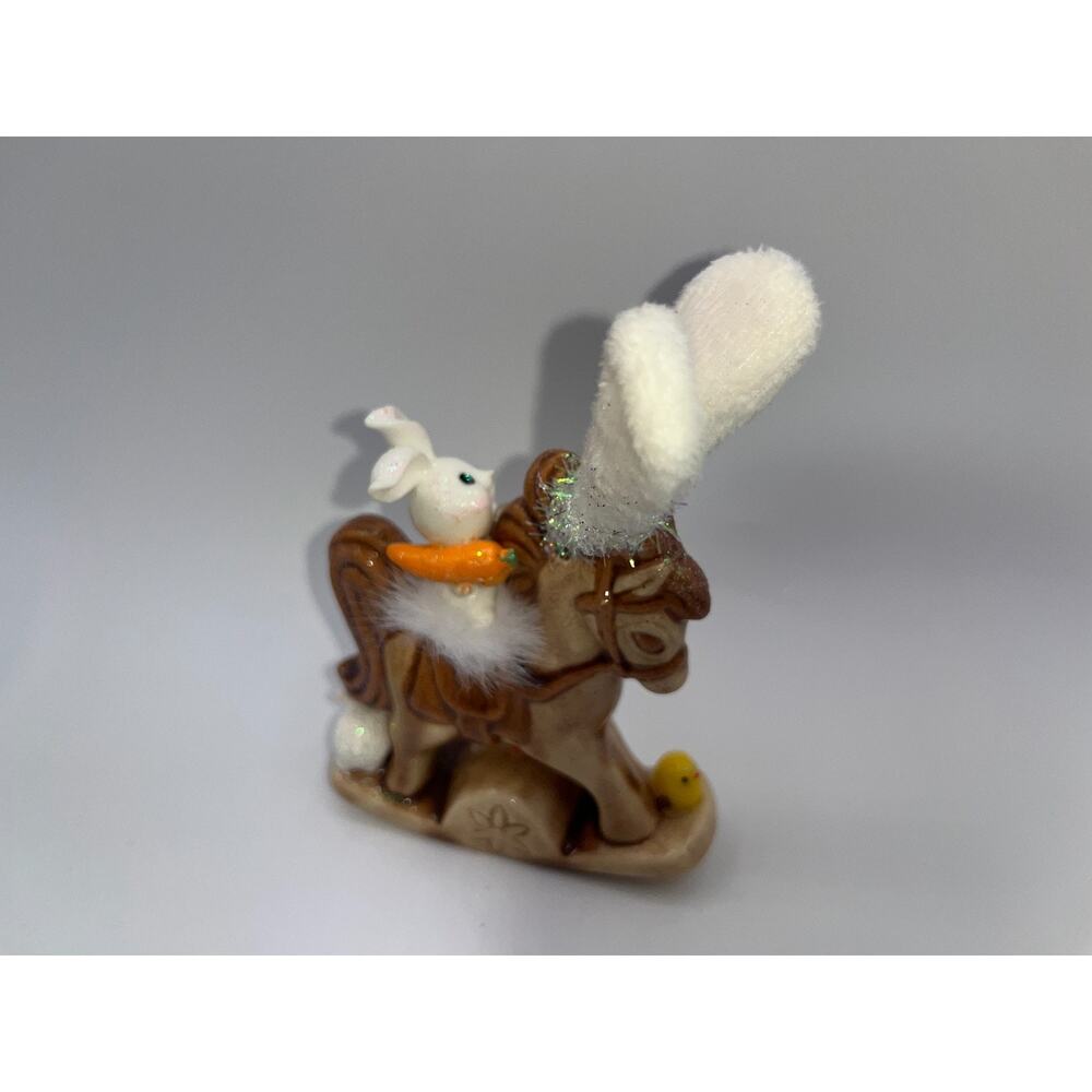 Vintage Ceramic Mini Rocking Horse Easter Bunny Chick Rider Faux Fur saddle OOAK - Picture 7 of 16